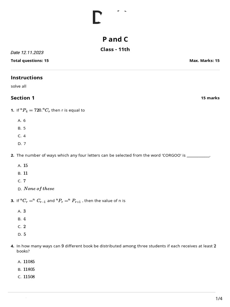 Competitive P and C Questions for Class 11 | PDF | Numbers | Mathematics