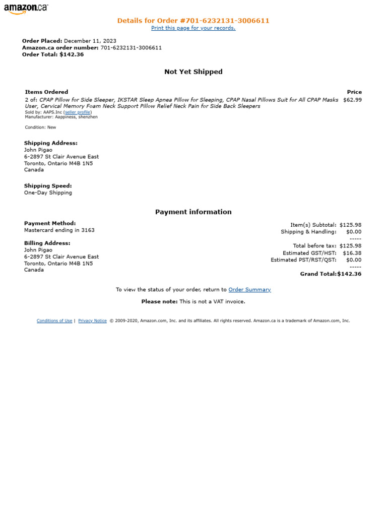 Order Confirmation for CPAP Pillows | PDF | Payments | Taxes
