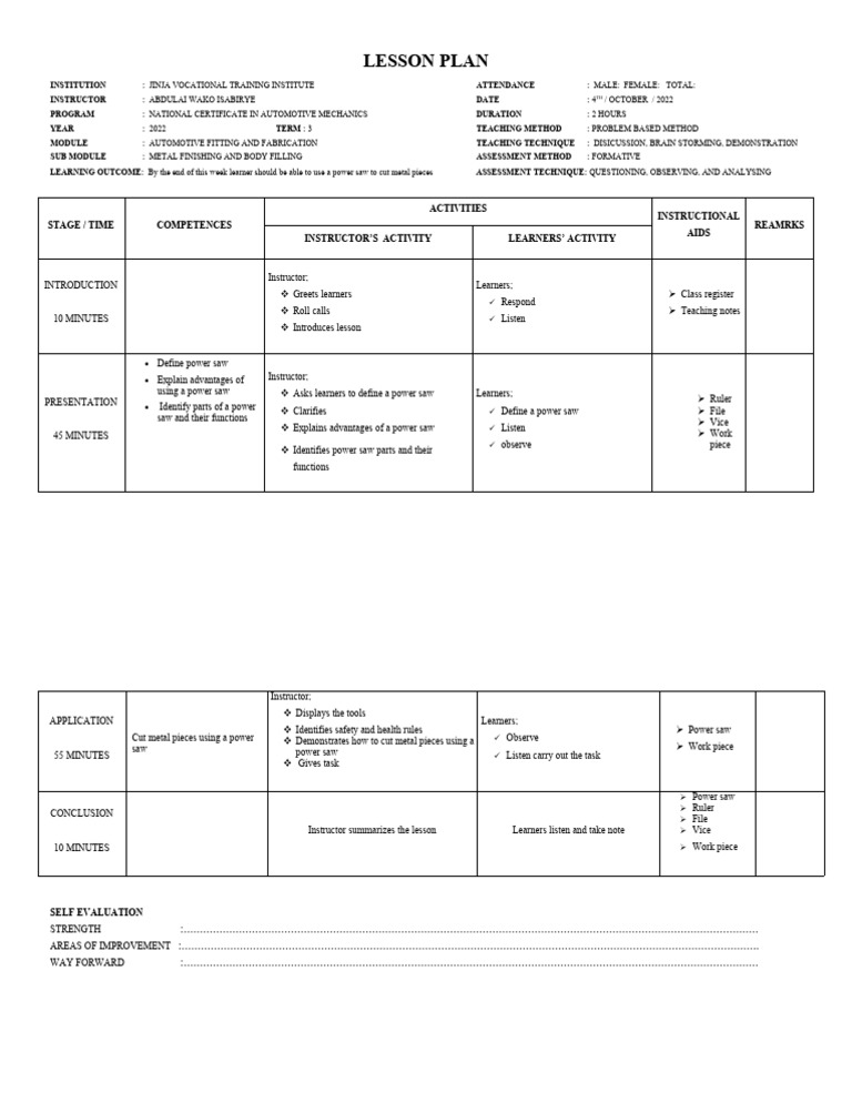 Power Saw Lesson Plan | PDF | Learning | Lesson Plan
