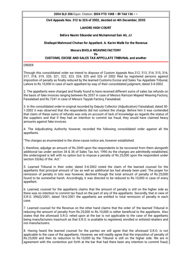 Lahore High Court Tax Penalty Appeal Ruling | PDF