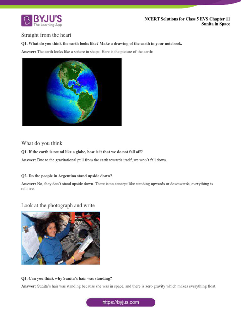 NCERT Solutions For Class 5 April 4 EVS Chapter 11 Sunita in Space PDF