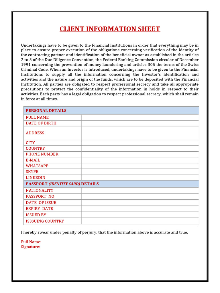 Client Information Sheet Template | PDF