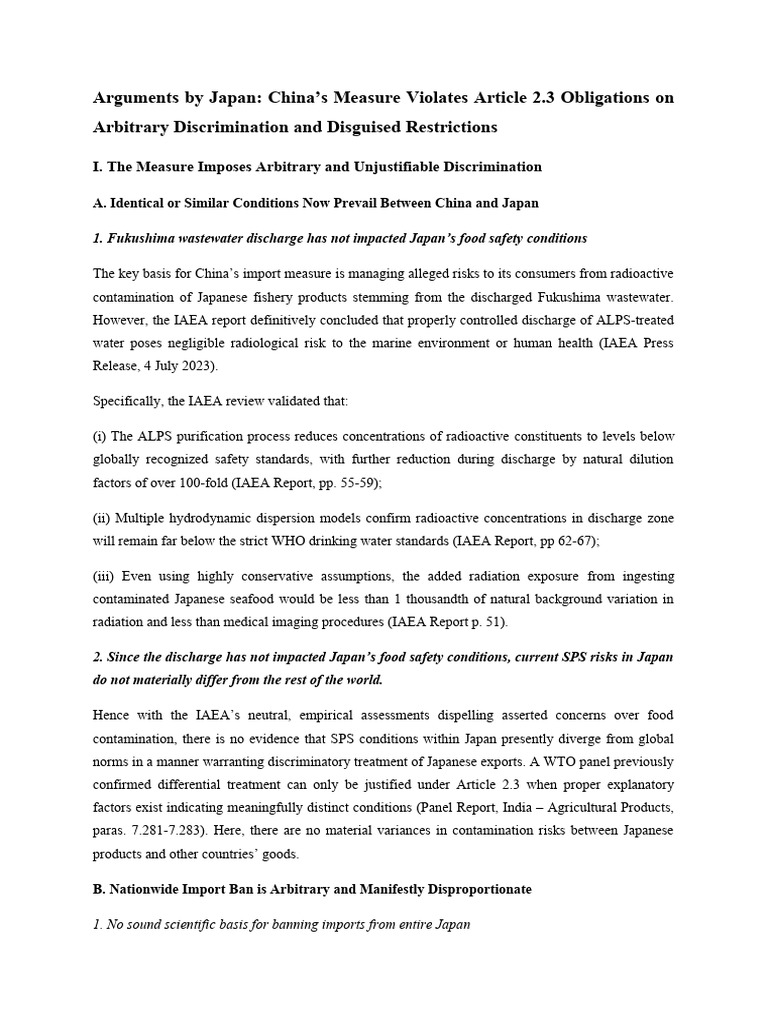 Arguments by japan china s measure violates article 2 3 obligations on