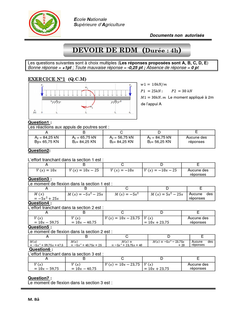 QCM sur la flexion des poutres en RDM | PDF | Mécanique des milieux ...