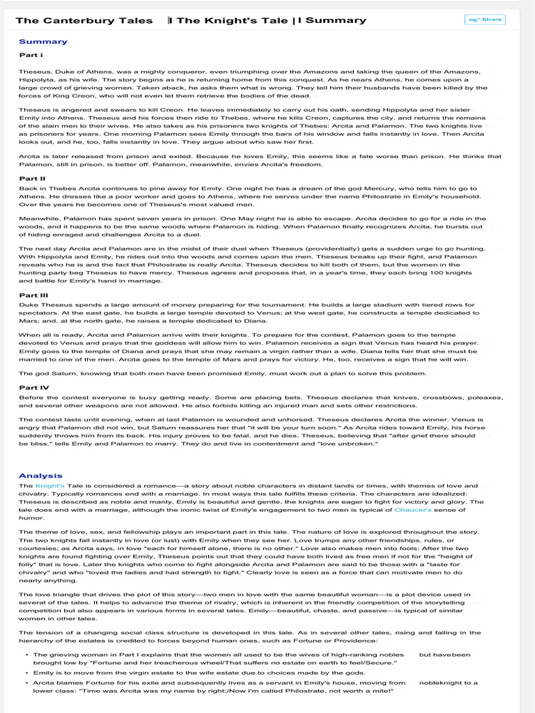 The Canterbury Tales The Knights Tale Summary Ocr Pdf