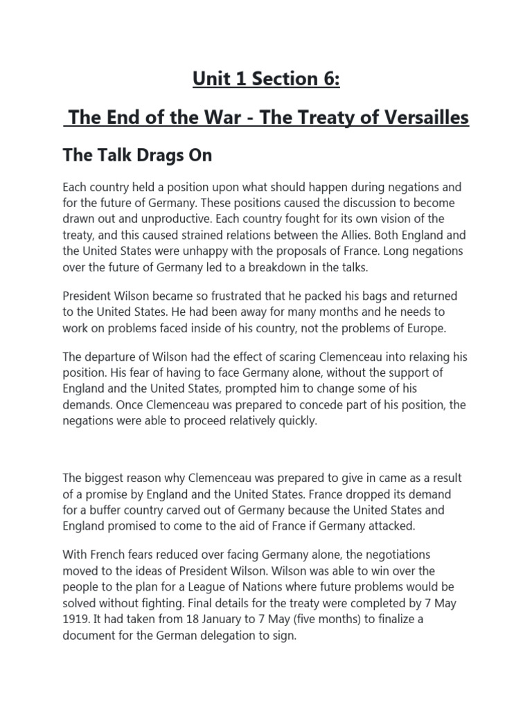 Unit 1 Section 6 - The End of The War - The Treaty of Versailles | PDF ...
