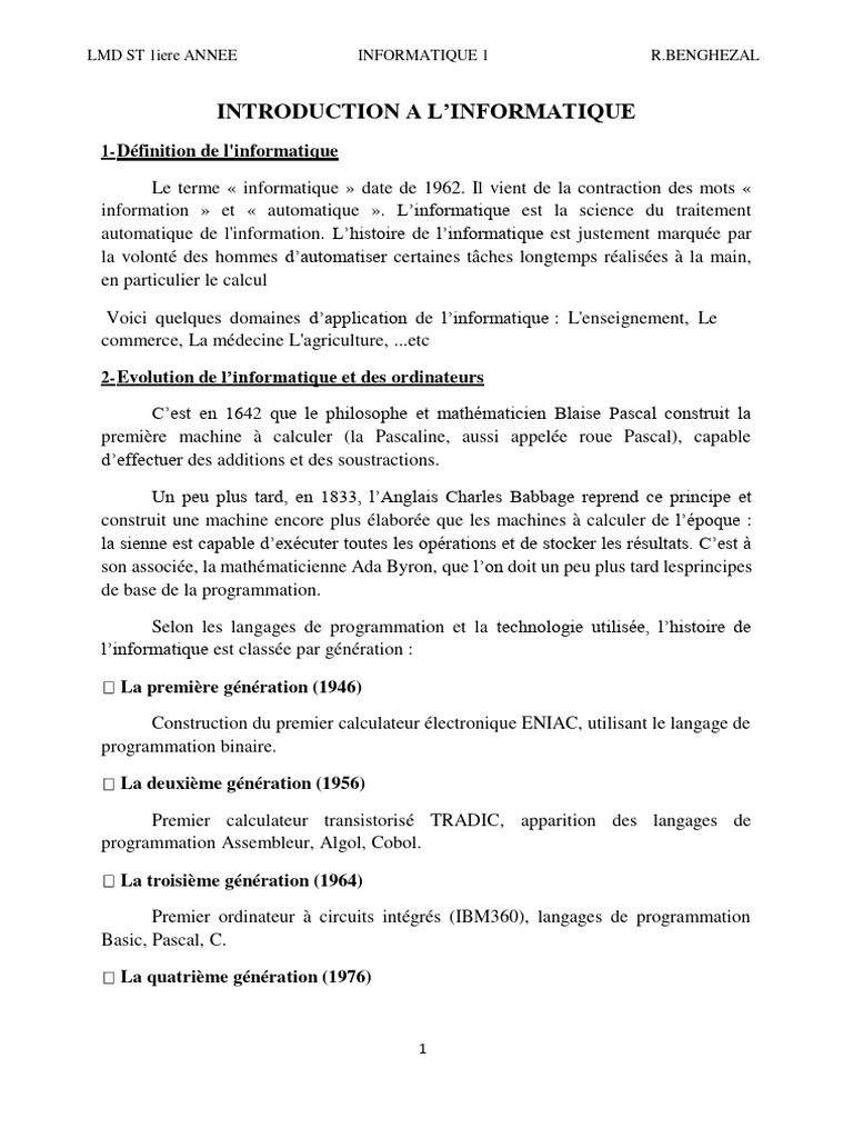 Introduction à l'informatique 1ère année | PDF | Système d'exploitation ...