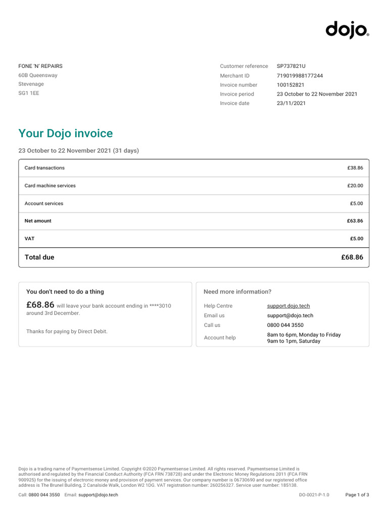 Your Dojo Invoice: 23 October To 22 November 2021 (31 Days) | PDF