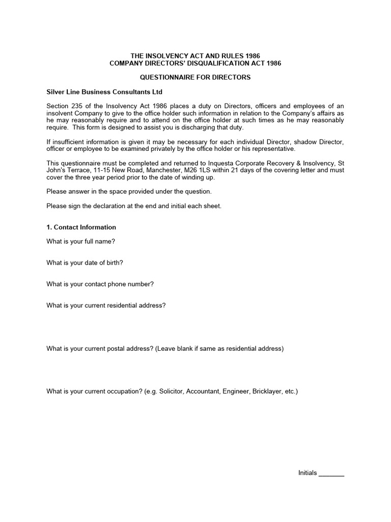 Director Insolvency Questionnaire Form | PDF | Liquidation | Guarantee