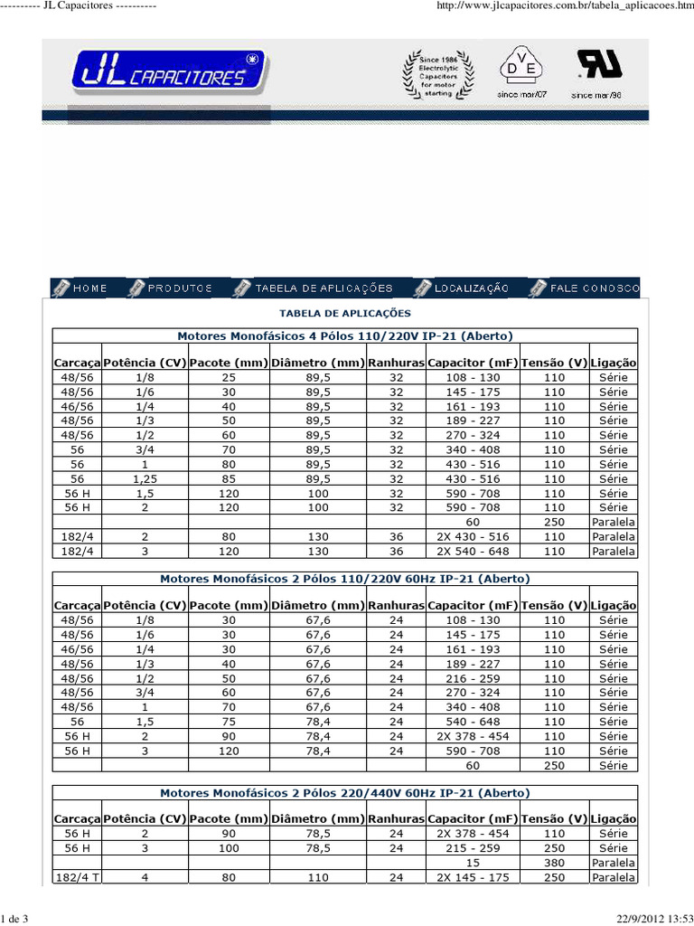 Tabela de Capacitores para Motores | PDF | Voltagem | Engenharia Elétrica