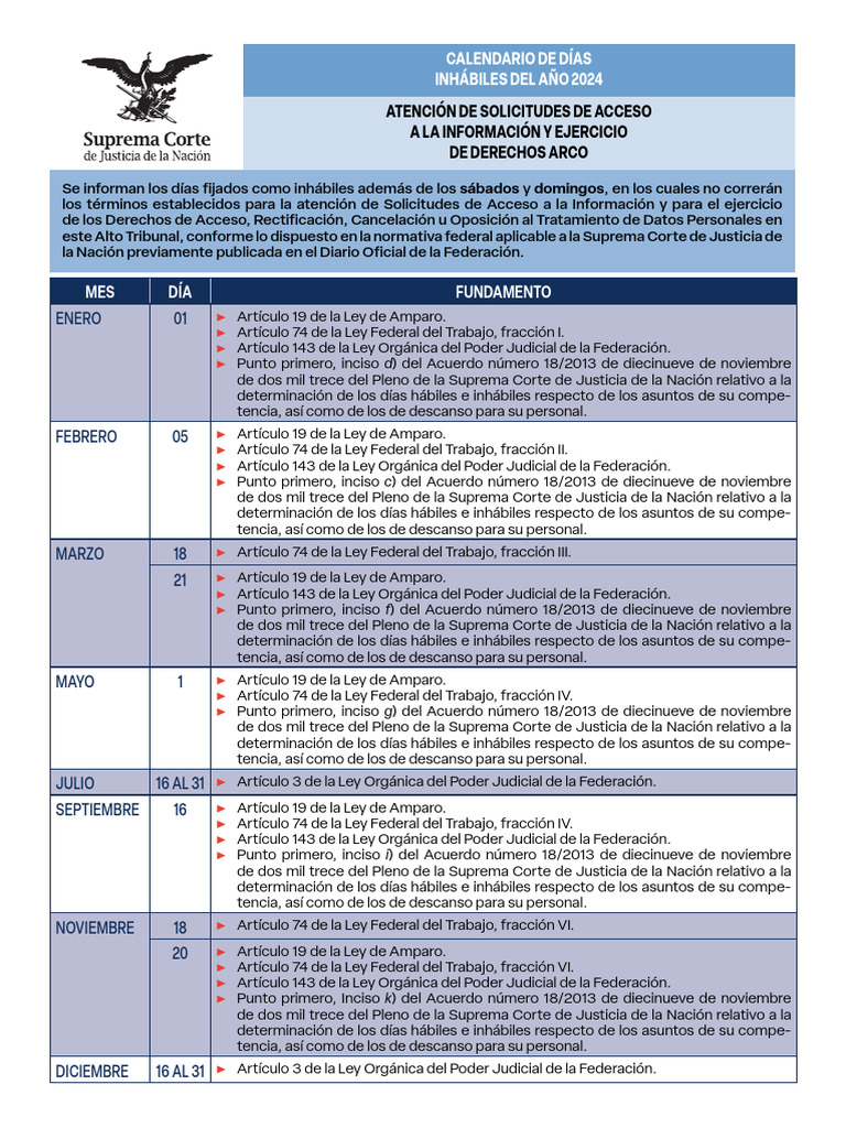 Calendario dias inhabiles 2024 pdf ley politica ley constitucional