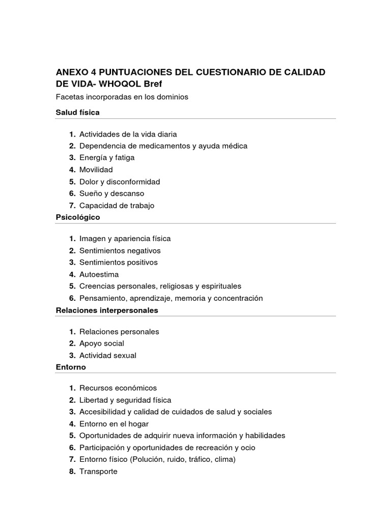 Como Obtener La Puntuación WHOQOL BREF | PDF