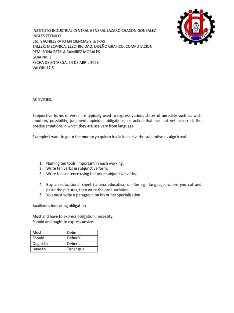 Guia No. 3 Primer Bimestre Ingles 5to. Bach Lazaro 2023 PDF