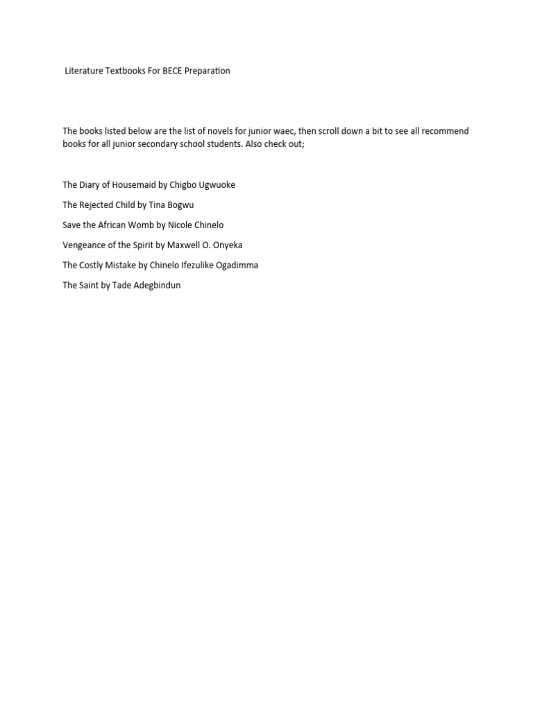 Recommended Novels for BECE 2025 | PDF