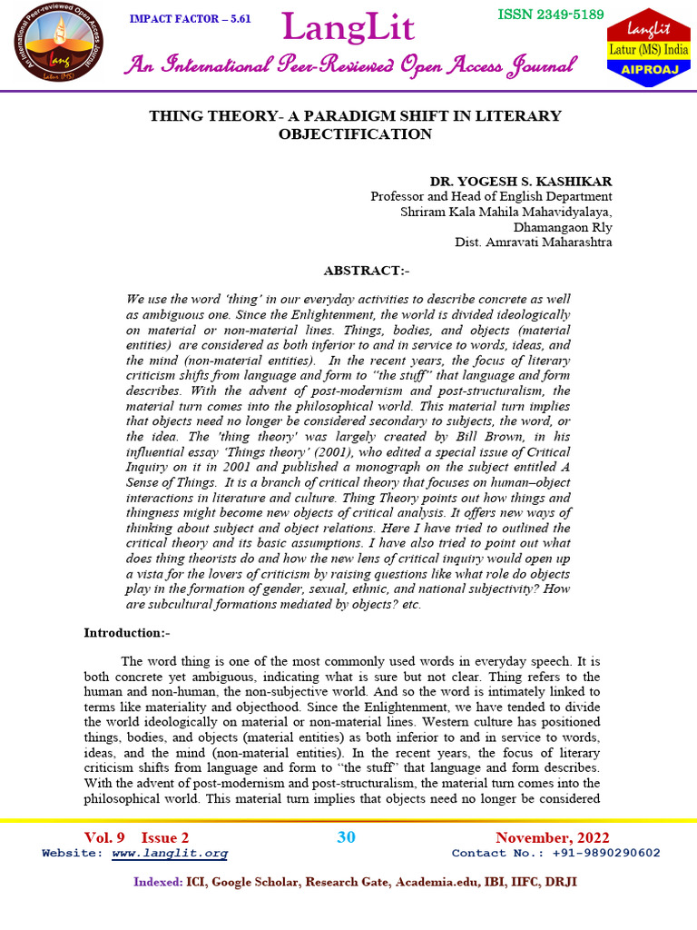 Thing Theory: A Literary Paradigm Shift | PDF | Social Science | Philosophy