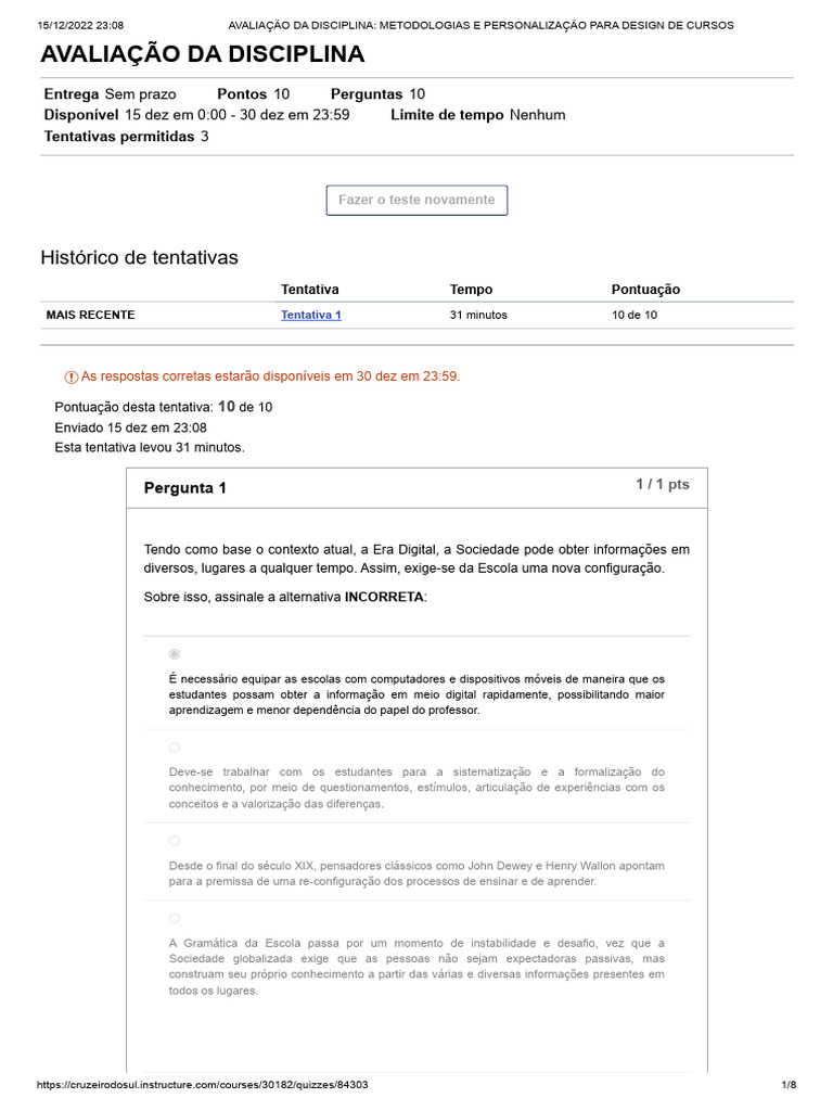 Avaliação Da Disciplina Metodologias e Personalização para Design | PDF ...