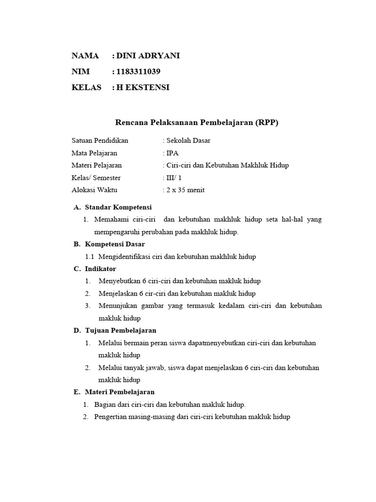 RPP IPA Kelas III: Ciri Makhluk Hidup | PDF