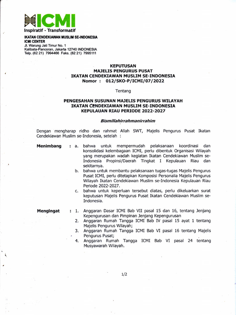 Pengesahan Pengurus ICMI Riau 2022-2027 | PDF
