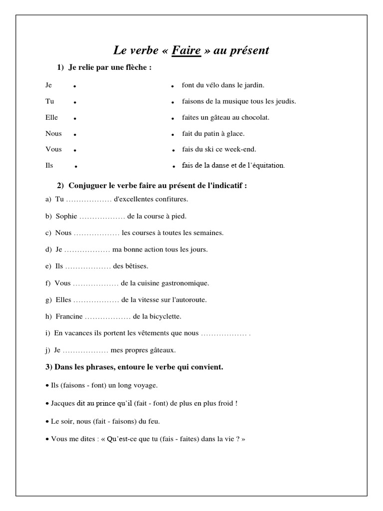 Exercices sur le verbe faire au présent | PDF | Arts du langage et ...