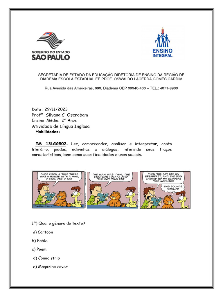 Atividade de Inglês para 2º Ano Médio | PDF | Artes Linguísticas e ...