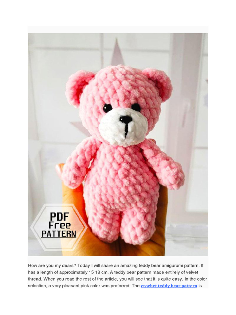 Easy Pink Plush Bear Amigurumi Free PDF Pattern | PDF | Crochet | Textiles, image size:768x1024