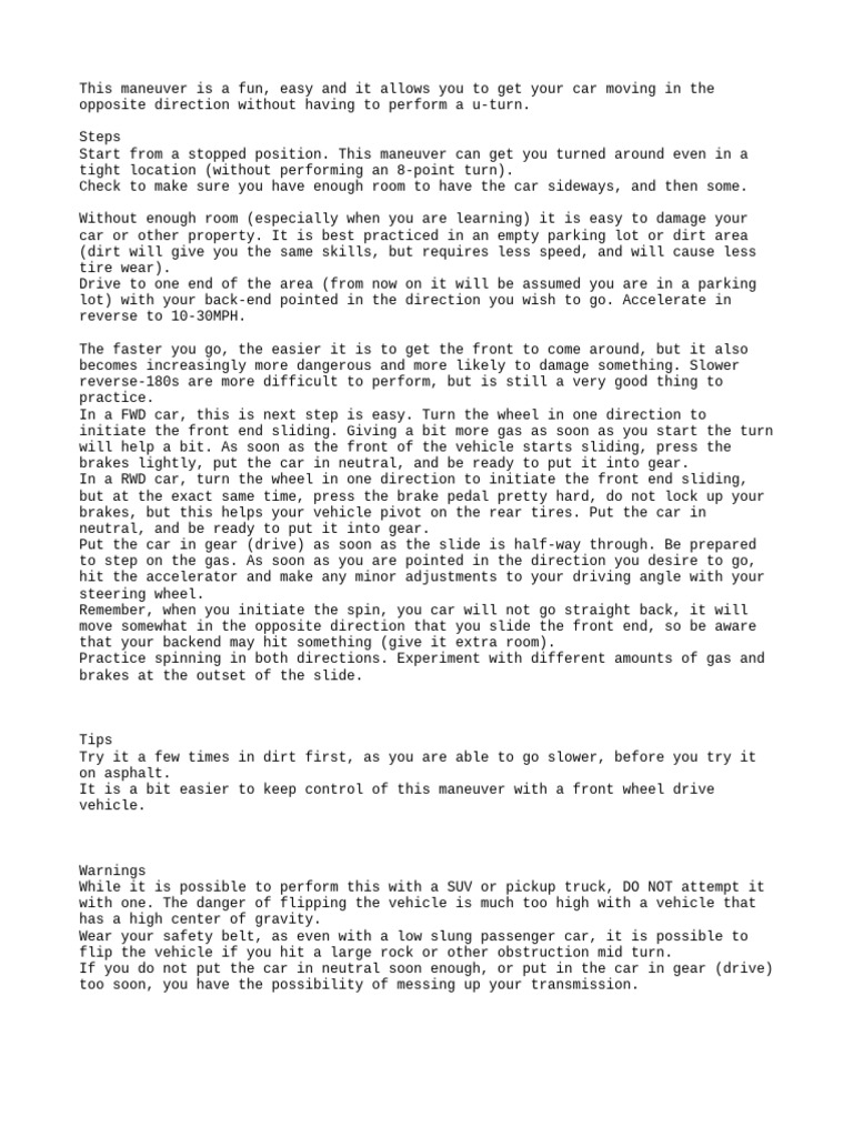 How To Perform A Reverse 180 in A Car PDF Car Vehicles