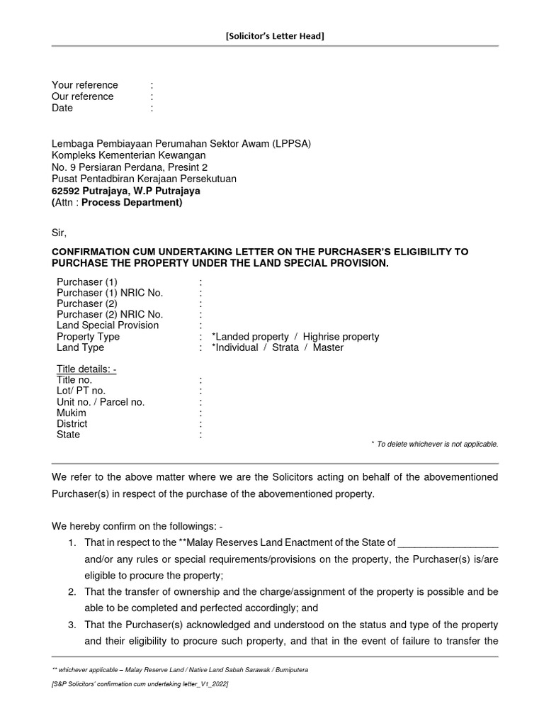 Solicitor's Confirmation & Undertaking Letter | PDF | Civil Law (Common ...