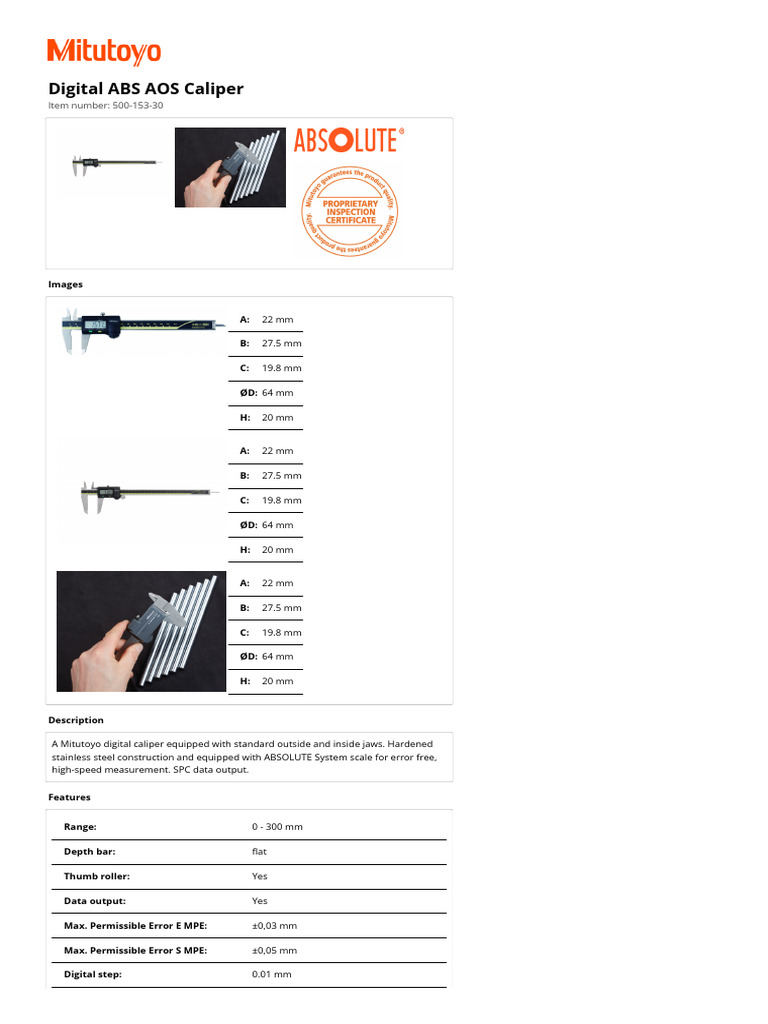 Mitutoyo - Digital ABS AOS Caliper 500-153-30 | PDF | Electricity ...
