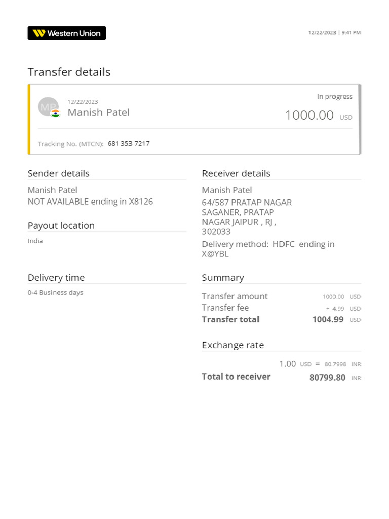 Transfer Details 6813537217 | PDF