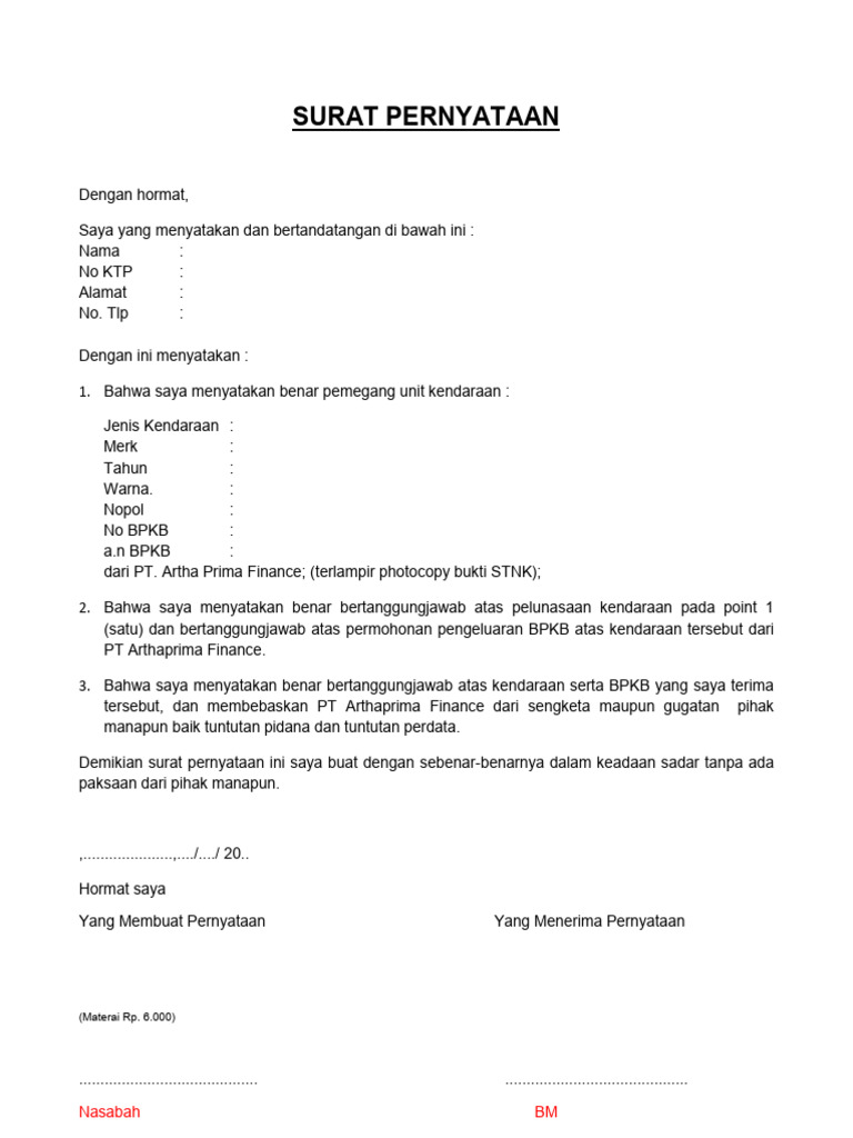 Draft Surat Pernyataan BPKB | PDF