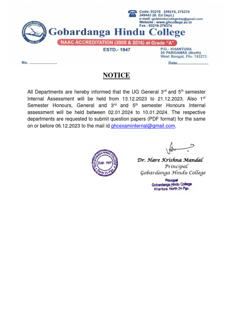 UG Internal Assessment Schedule 2023 | PDF