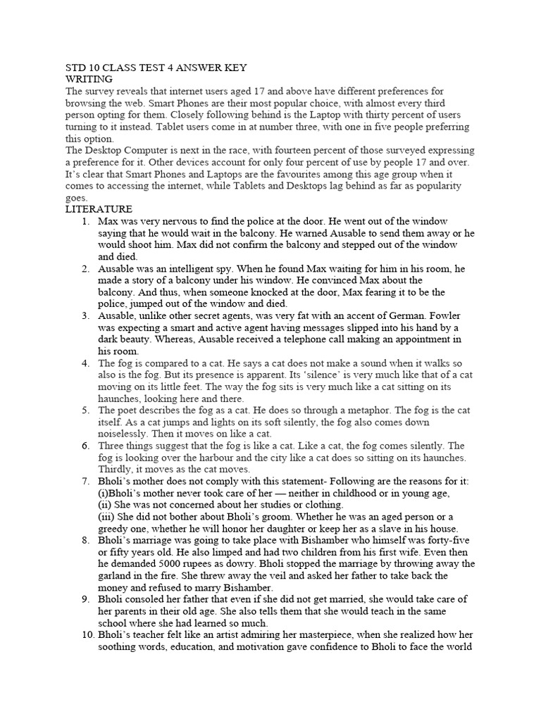 Class 10 Test 4 Answer Key Summary | PDF | Tablet Computer | Laptop