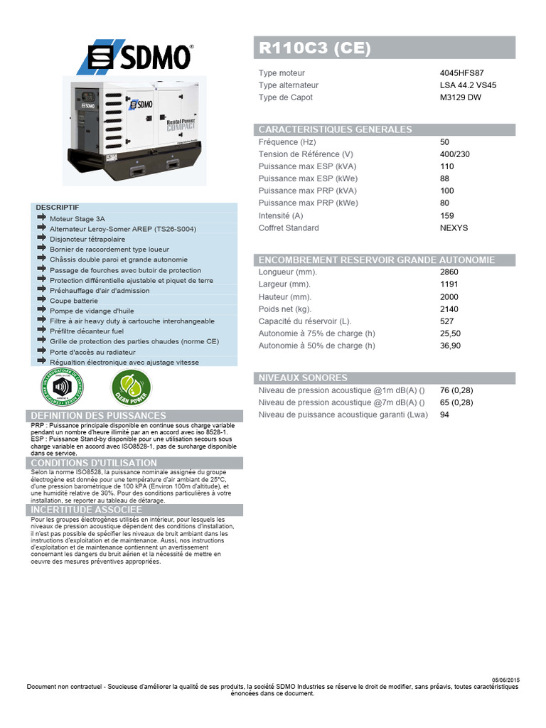 Fiche technique groupe électrogène SDMO 110 kVA | PDF | Physique ...