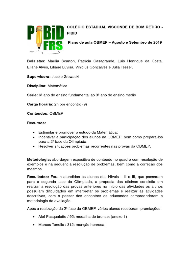 Plano de Aula - OBMEP | PDF | Carreira e Crescimento | Métodos e ...