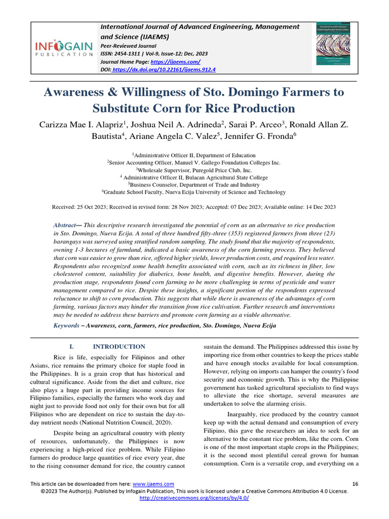 Awareness & Willingness of Sto. Domingo Farmers To Substitute Corn For ...