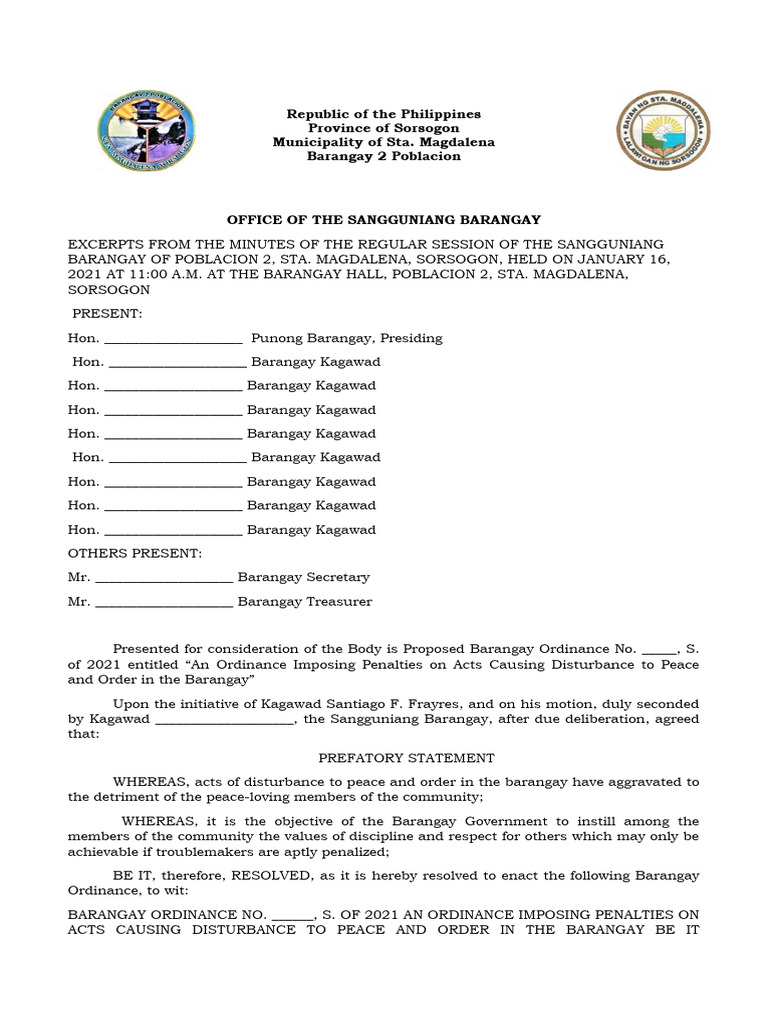 Barangay Peace and Order Ordinance 2021 | PDF | Local Ordinance ...