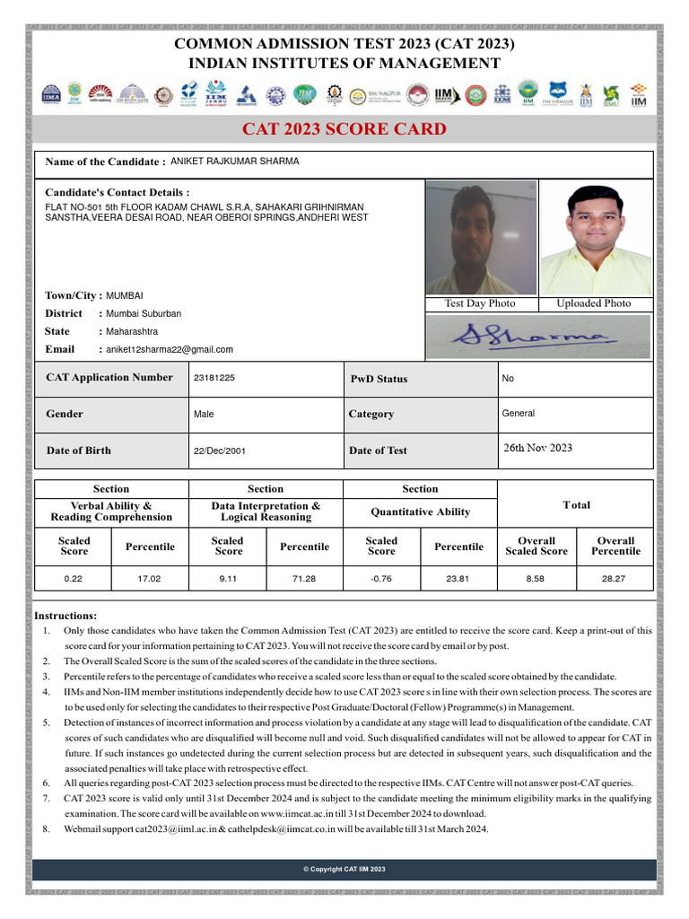CAT 2023 Score Card Details | PDF