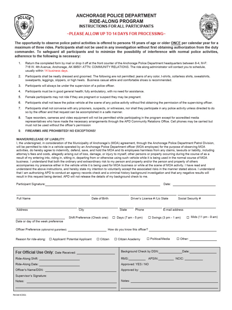 Anchorage Police Ride-Along Guidelines | PDF | Police | Background Check