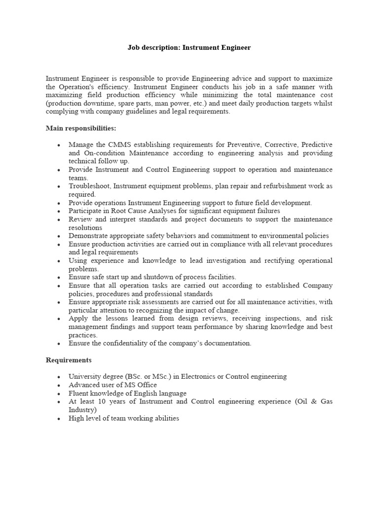 Job DescriptionInstrument Engineer PDF