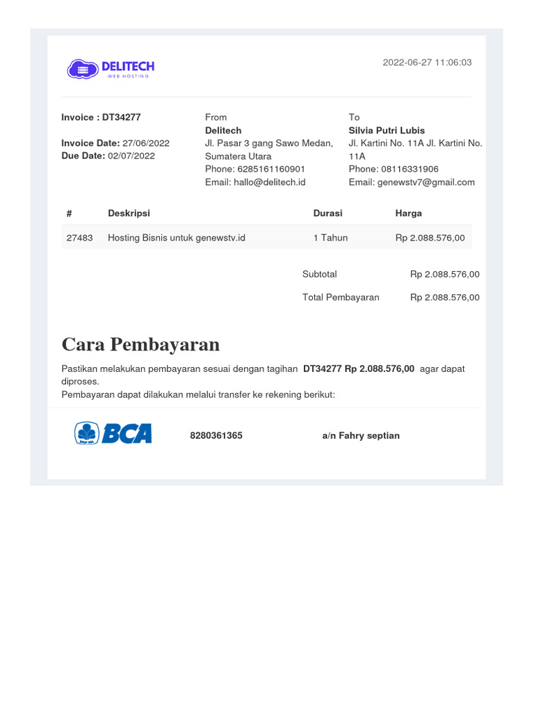 Invoice Hosting Bisnis Genewstv.id | PDF