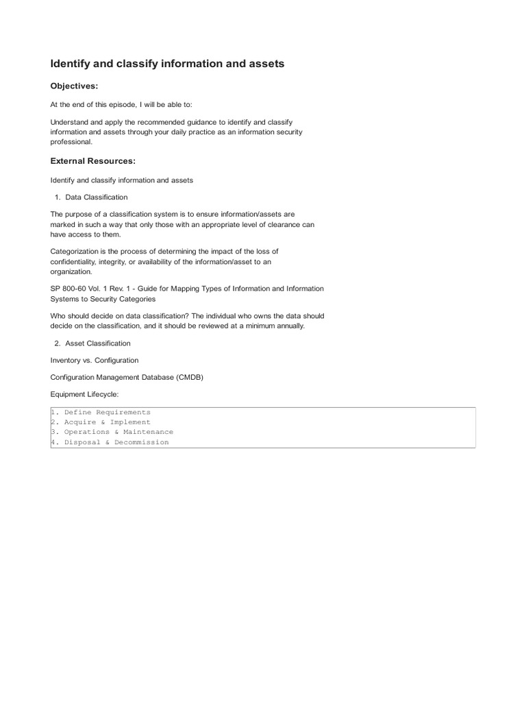 Isc2 Cissp 2 1 1 Identify and Classify Information and Assets PDF