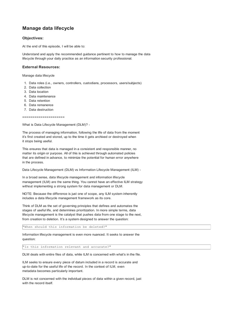 Isc2 Cissp 2 4 1 Manage Data Lifecycle | PDF | Data | Life Cycle Assessment