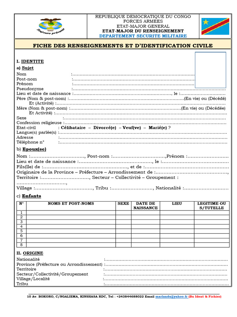Fiche d'identification civile RDC | PDF