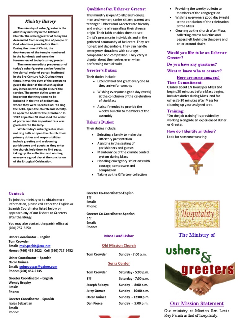 Usher Greeter Brochure PDF Christian Denominational Families