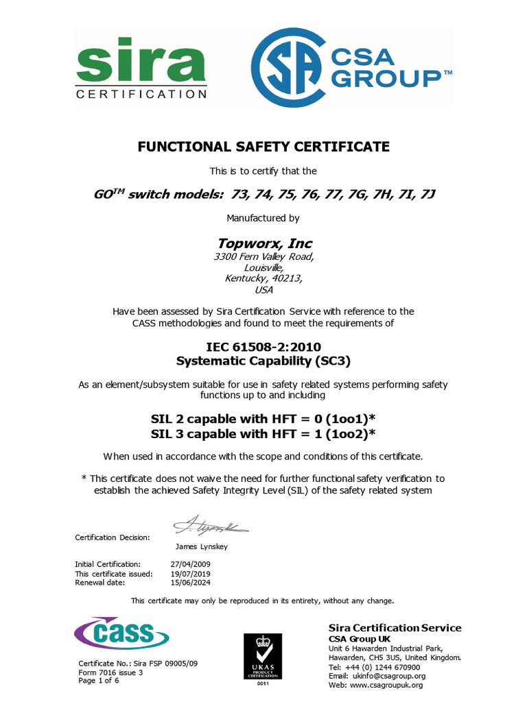 SIL Certificate | PDF | Safety | Switch