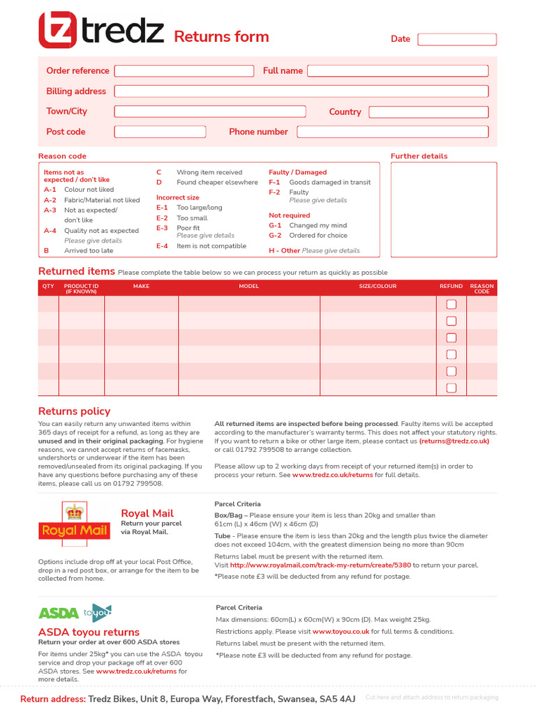 Tredz Returns Process and Policy | PDF | Mail | Consumer Goods