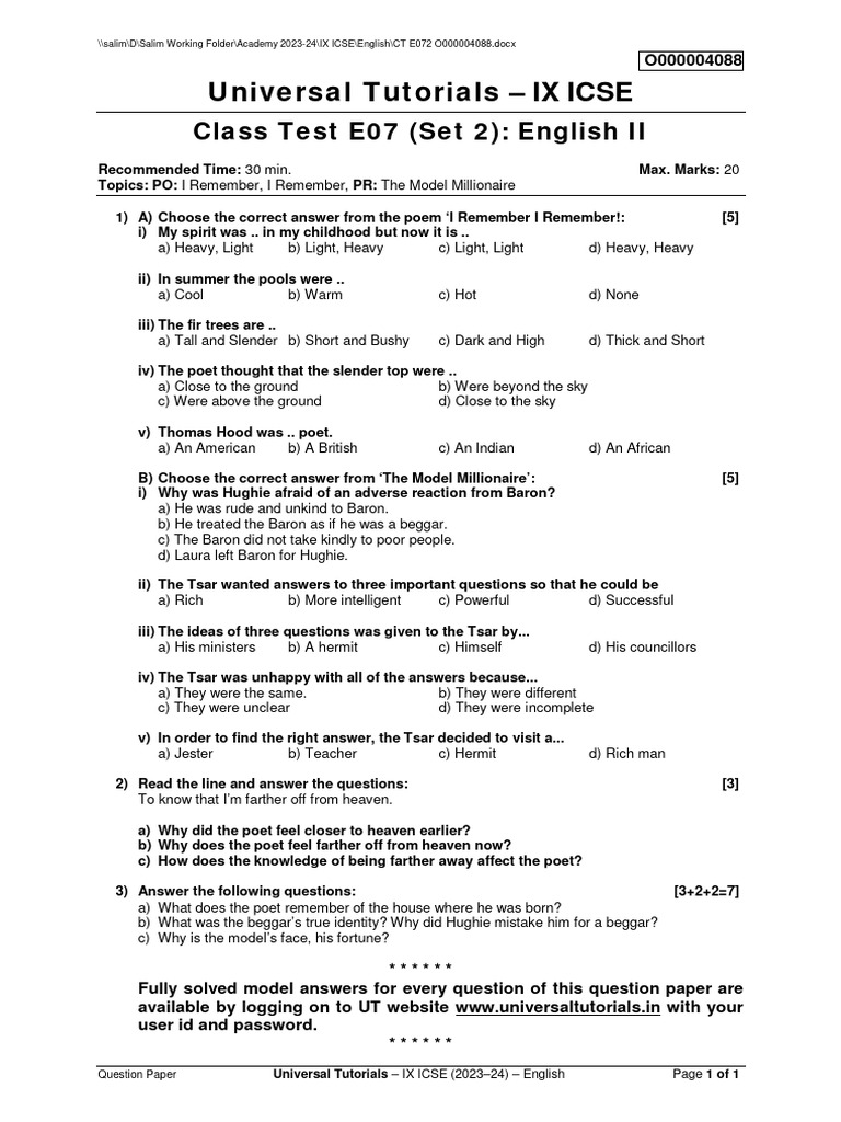 English Class 9 Test Paper PDF