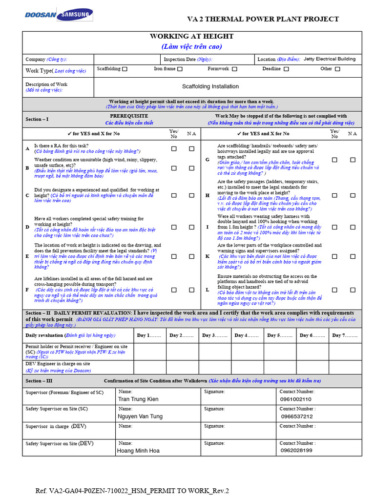 VA2-HSSE-F22-004 - Appendix 5 - Working at Height Permit - Rev2 | PDF
