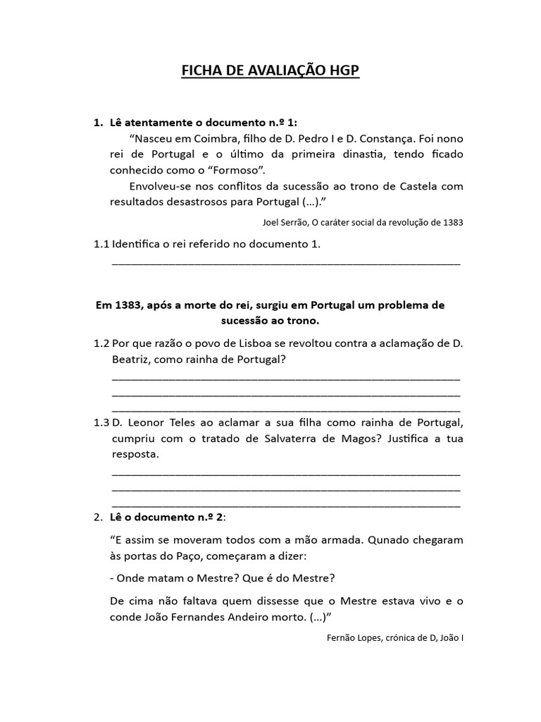 FICHA DE AVALIAÇÃO crise 1383 1385 | PDF | Portugal | Monarquia