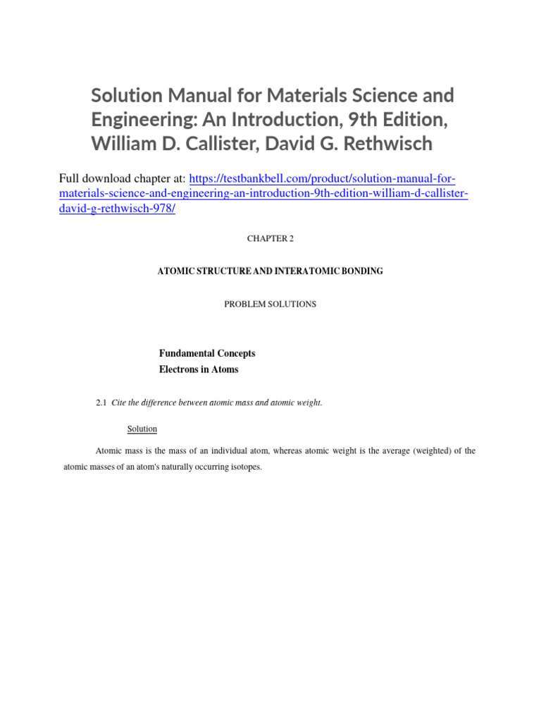 Solution Manual For Materials Science and Engineering An Introduction